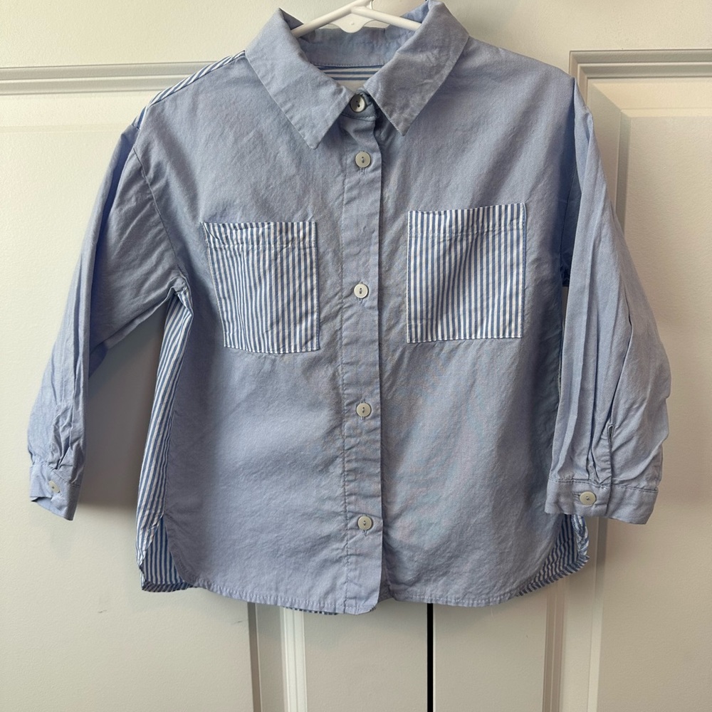 Zara Boys Colorblock Blue and Blue/White Striped Button Down Shirt (Size 2-3)